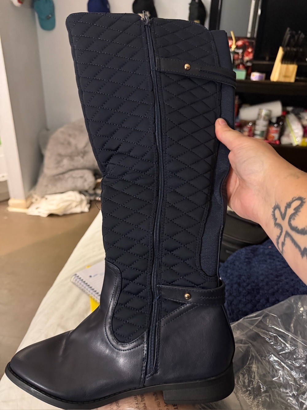 Quilted Knee-High Riding Boots - Navy